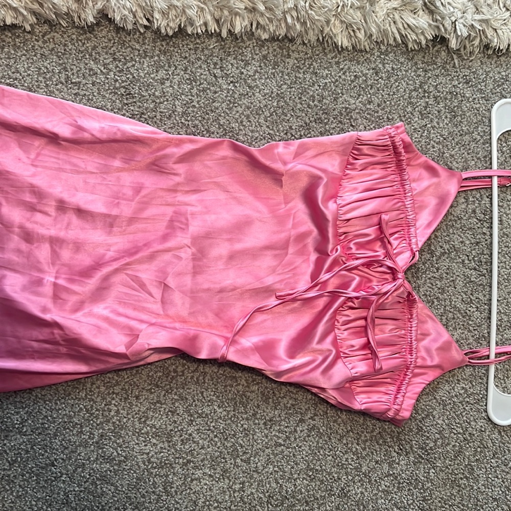 Satin Rouched Tie Bust Pink Slip Dress
